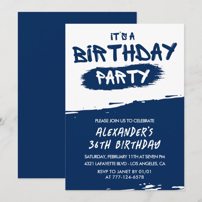 36th birthday invitations Men Graffiti Navy Blue (Front/Back)