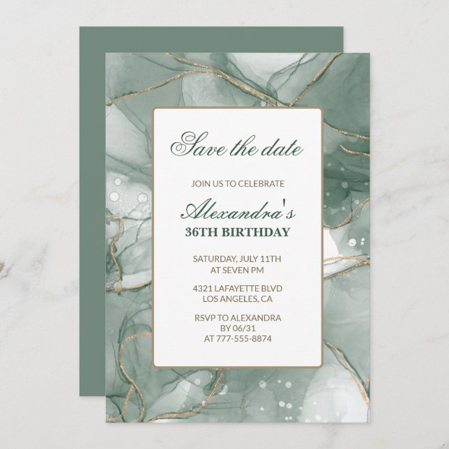 36th birthday invitations Save the date Green (Front/Back)