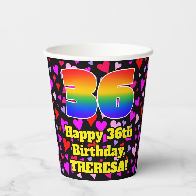 36th Birthday: Loving Hearts Pattern, Rainbow 36 Paper Cups (Back)