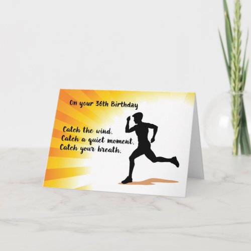 36th Birthday Man Running with Sunburst Background Card