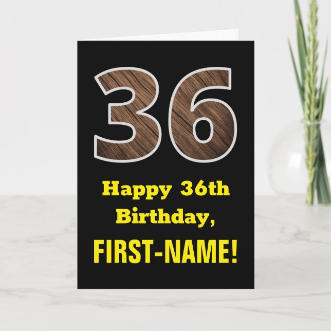 36th Birthday: Name, Faux Wood Grain Pattern "36" Card (Front)
