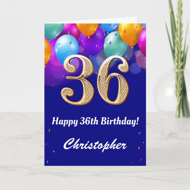 36th Birthday Navy Blue and Gold Colorful Balloons Card (Front)
