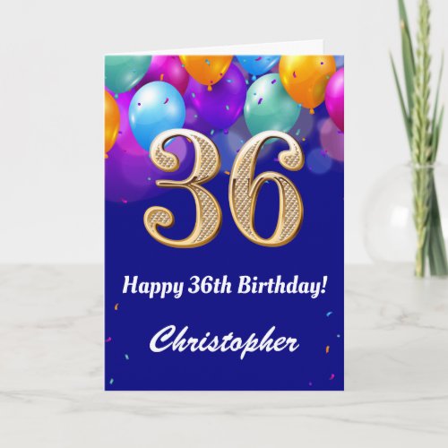 36th Birthday Navy Blue and Gold Colorful Balloons Card