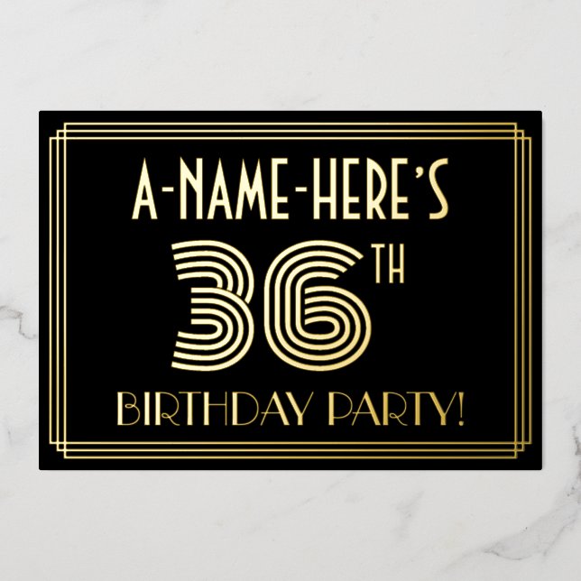 36th Birthday Party — Art Deco Style “36” + Name Foil Invitation (Front)