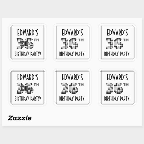 36th Birthday Party Art Deco Style  Custom Name Square Sticker