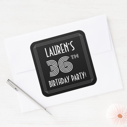 36th Birthday Party Art Deco Style  Custom Name Square Sticker