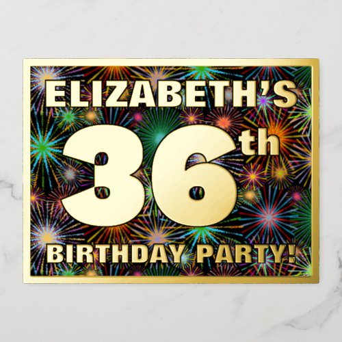 36th Birthday Party Bold Colorful Fireworks Look Foil Invitation Postcard