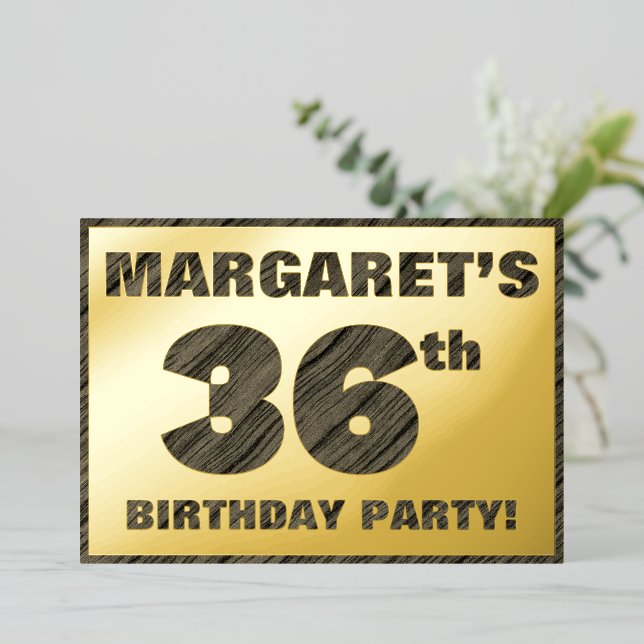 36th Birthday Party — Bold, Faux Wood Grain Text Foil Invitation (Standing Front)