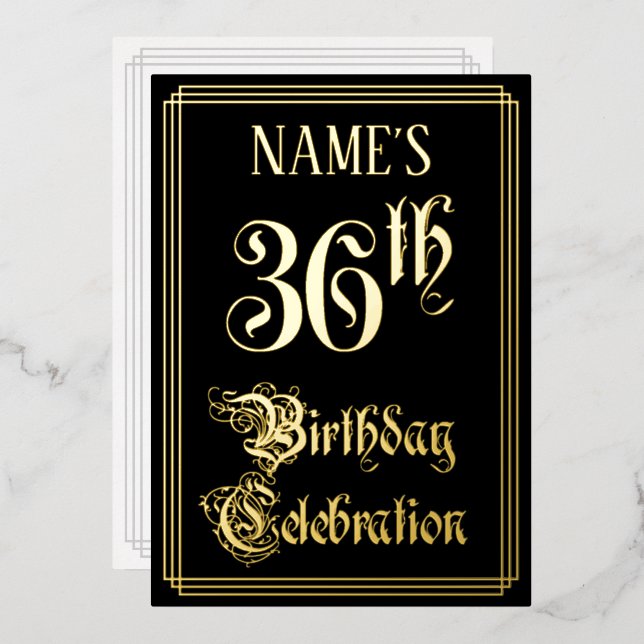 36th Birthday Party — Fancy Script & Custom Name Foil Invitation (Front/Back)