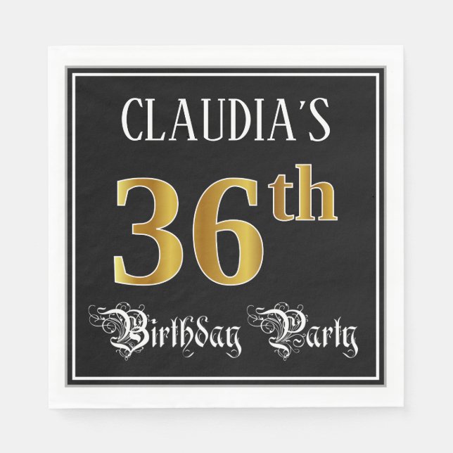 36th Birthday Party — Fancy Script, Faux Gold Look Napkins (Front)