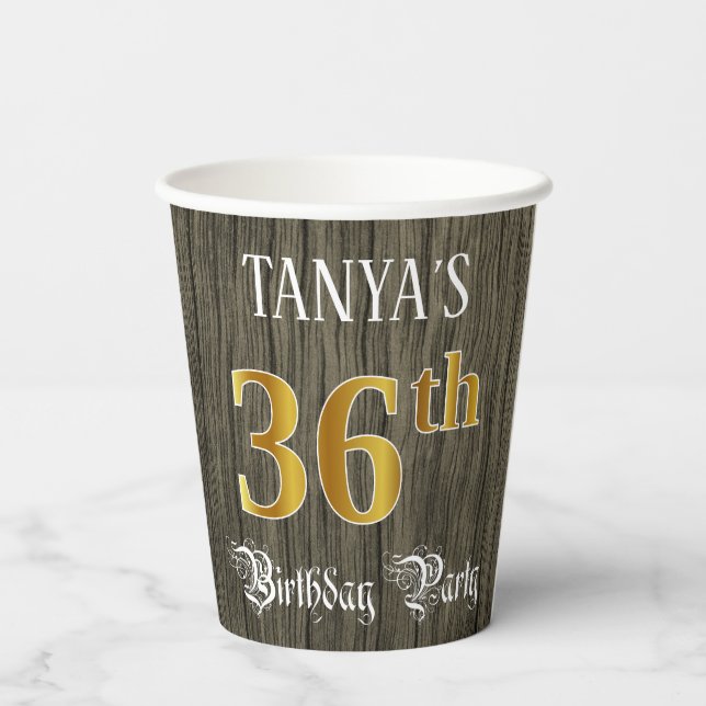 36th Birthday Party — Faux Gold & Faux Wood Looks Paper Cups (Back)