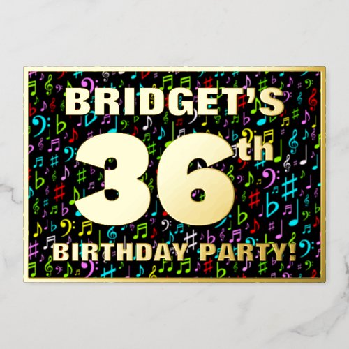 36th Birthday Party â Fun Colorful Music Symbols Foil Invitation