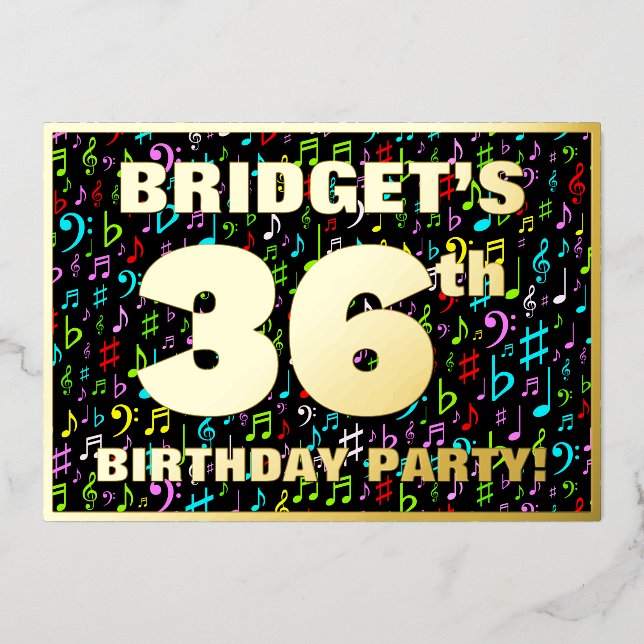 36th Birthday Party — Fun, Colorful Music Symbols Foil Invitation (Front)