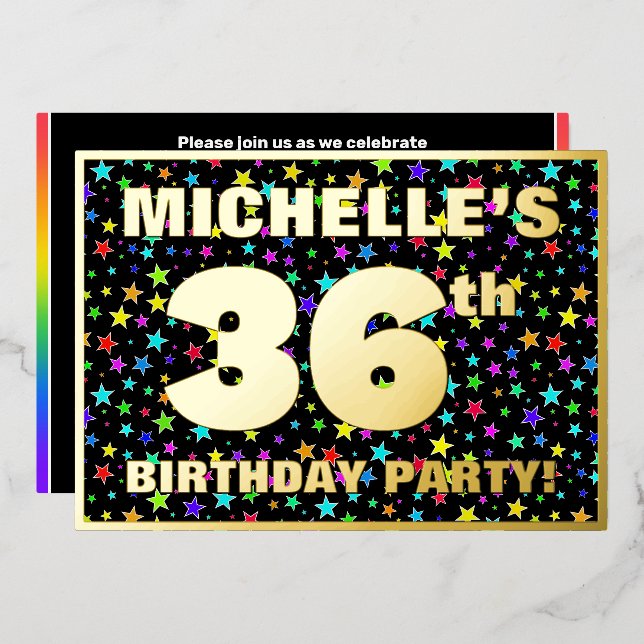 36th Birthday Party — Fun, Colorful Stars Pattern Foil Invitation (Front/Back)