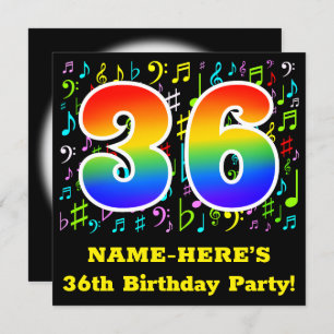 36th Birthday Party: Fun Music Symbols, Rainbow 36 Invitation