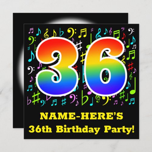 36th Birthday Party Fun Music Symbols Rainbow 36 Invitation