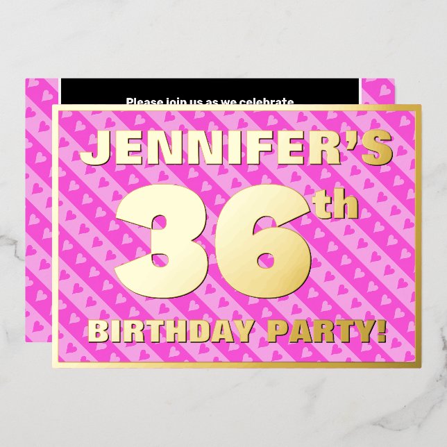 36th Birthday Party — Fun Pink Hearts and Stripes Foil Invitation (Front/Back)