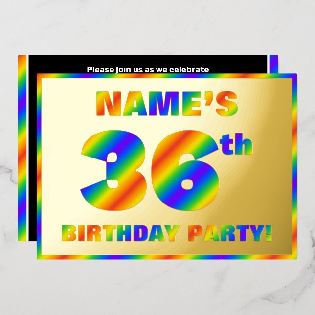 36th Birthday Party — Fun, Rainbow Spectrum “36” Foil Invitation (Front/Back)