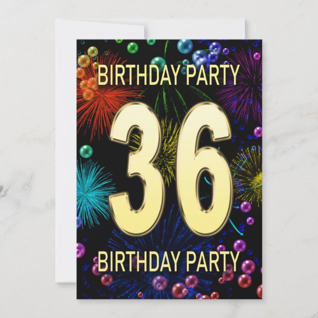 36th Birthday Party Invitation Fireworks Bubbles (Front)