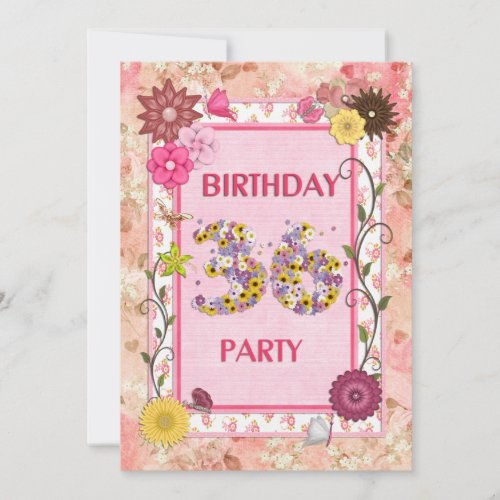 36th birthday party invitation with floral frame