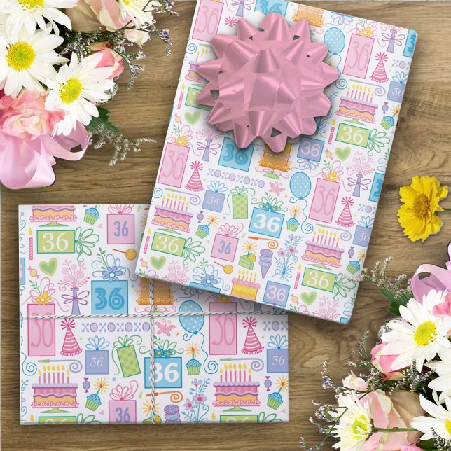 36th Birthday Pink Cake Presents Balloons  Wrapping Paper Sheets (Creator Uploaded)