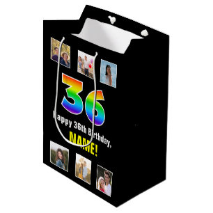 36th Birthday: Rainbow “36“, Custom Photos & Name Medium Gift Bag