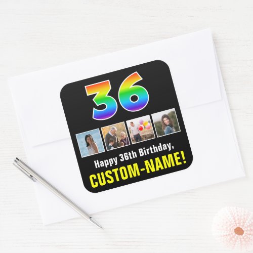 36th Birthday Rainbow 36 Custom Photos  Name Square Sticker