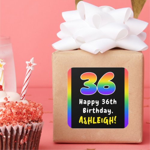 36th Birthday Rainbow Spectrum  36 Custom Name Square Sticker