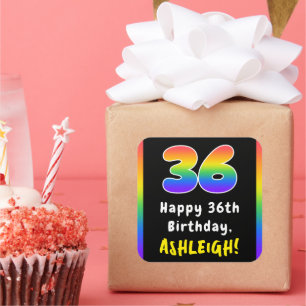36th Birthday: Rainbow Spectrum # 36, Custom Name Square Sticker
