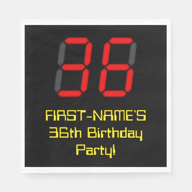 36th Birthday: Red Digital Clock Style "36" + Name Napkins (Front)