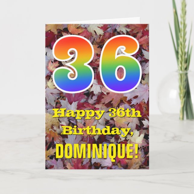 36th Birthday; Rustic Autumn Leaves; Rainbow "36" Card (Front)