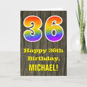 36th Birthday: Rustic Faux Wood Look, Rainbow "36" Card