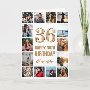 36th Happy Birthday Gold and White Photo Collage Card