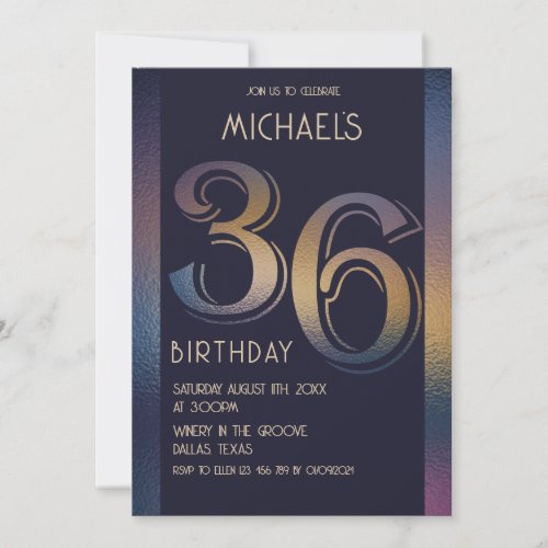 36th modern dark purple and gold birthday invitation