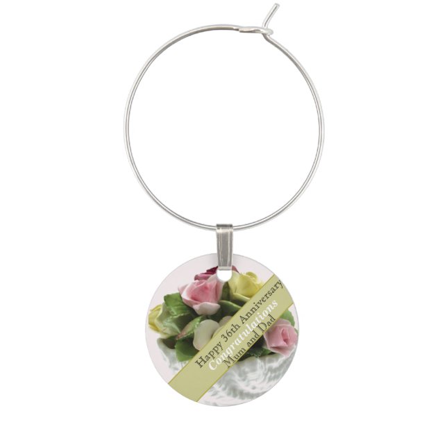36th Wedding Anniversary bone china editable   Wine Charm (Front)