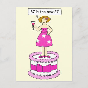 37th Birthday Age Humor, Lady on a Giant Cake. Invitation Postcard