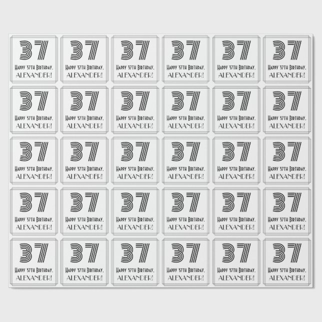 37th Birthday: Art Deco Inspired Style "37" + Name Wrapping Paper (Flat)