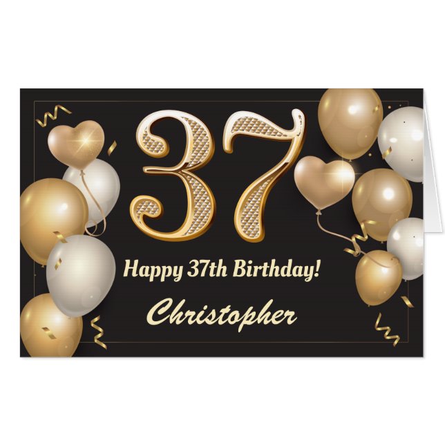 37th Birthday Black and Gold Balloons Extra Large Card (Front Horizontal)