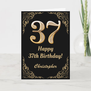 37th Birthday Black and Gold Glitter Frame Card