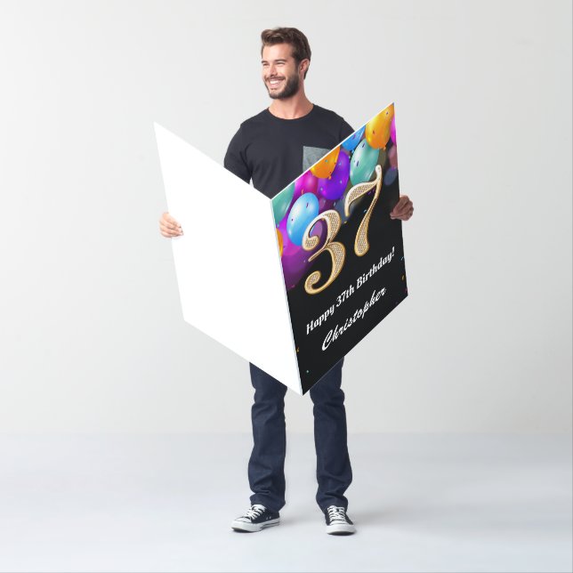 37th Birthday Black Gold Balloon Extra Large Jumbo Card (In Situ)