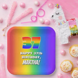 37th Birthday: Colorful, Fun Rainbow Pattern # 37 Paper Plates
