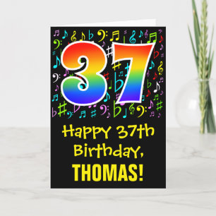 37th Birthday: Colorful Music Symbols + Rainbow 37 Card