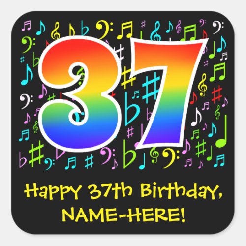 37th Birthday Colorful Music Symbols Rainbow 37 Square Sticker