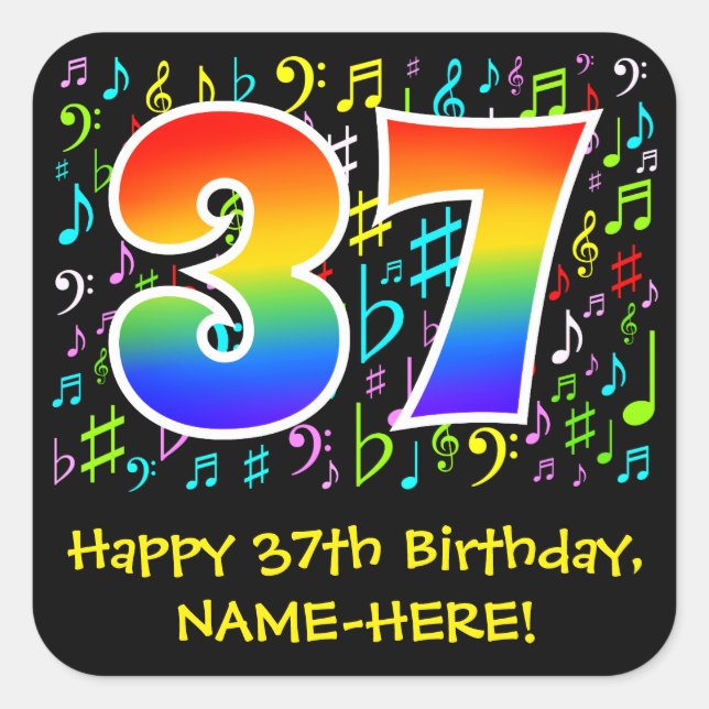 37th Birthday: Colorful Music Symbols, Rainbow 37 Square Sticker (Front)