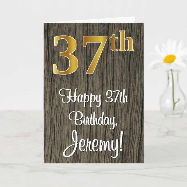 37th Birthday: Elegant Faux Gold Look #, Faux Wood Card (Small Plant)