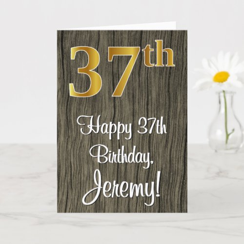 37th Birthday Elegant Faux Gold Look  Faux Wood Card