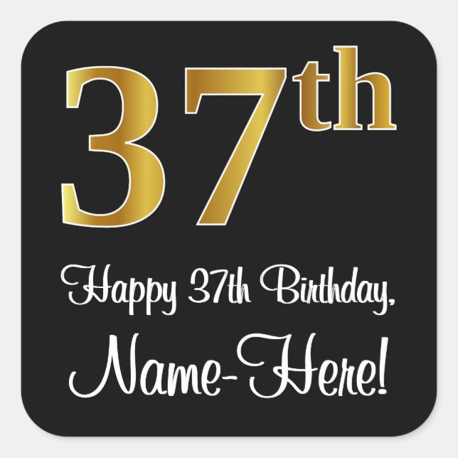 37th Birthday – Elegant Luxurious Faux Gold Look # Square Sticker (Front)