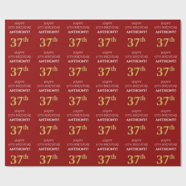 37th Birthday: Elegant, Red, Faux Gold Look Wrapping Paper (Flat)