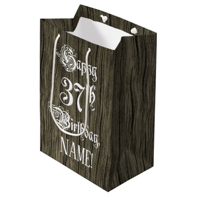 37th Birthday: Fancy, Faux Wood Look + Custom Name Medium Gift Bag (Front Angled)