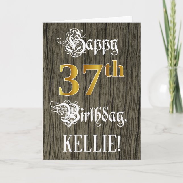 37th Birthday: Faux Gold Look + Faux Wood Pattern Card (Front)